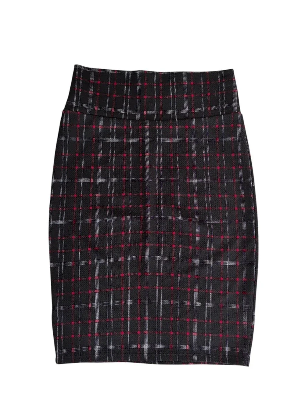 LuLaRoe Cassie Pencil Skirt Plaid Grid Knit Pull On Style XS Black Red White